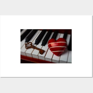 Red Heart And Skeleton key On Piano Keys Posters and Art